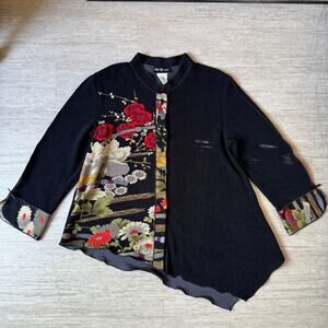 Connie's Moonlight Kimono Style Blouse Button Front Floral M Black Top Long Slv